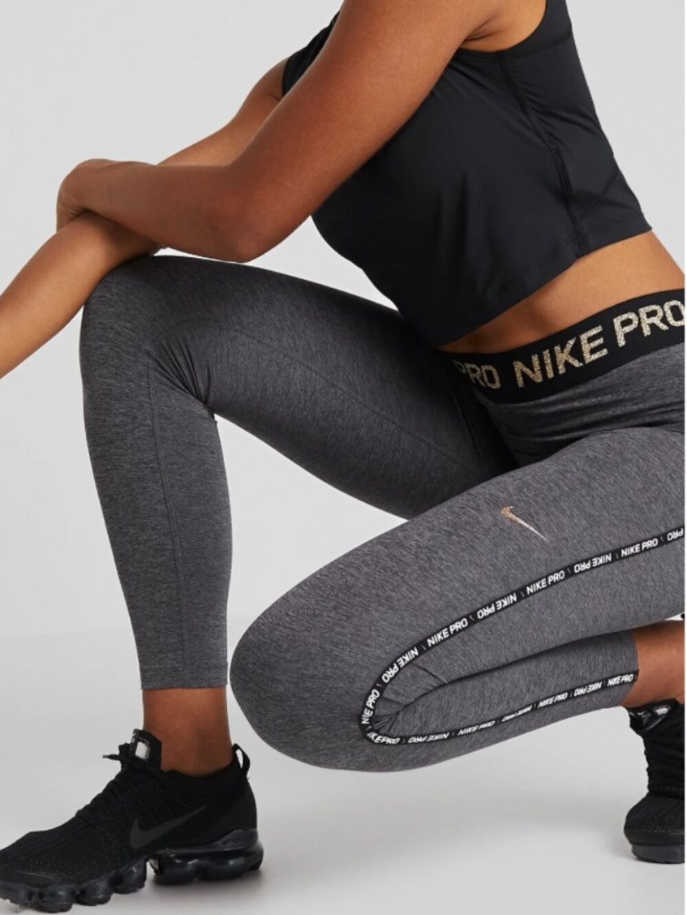 Nike Pro Gold Logo Dark Grey Heathered Marl Side Stripe Leggings